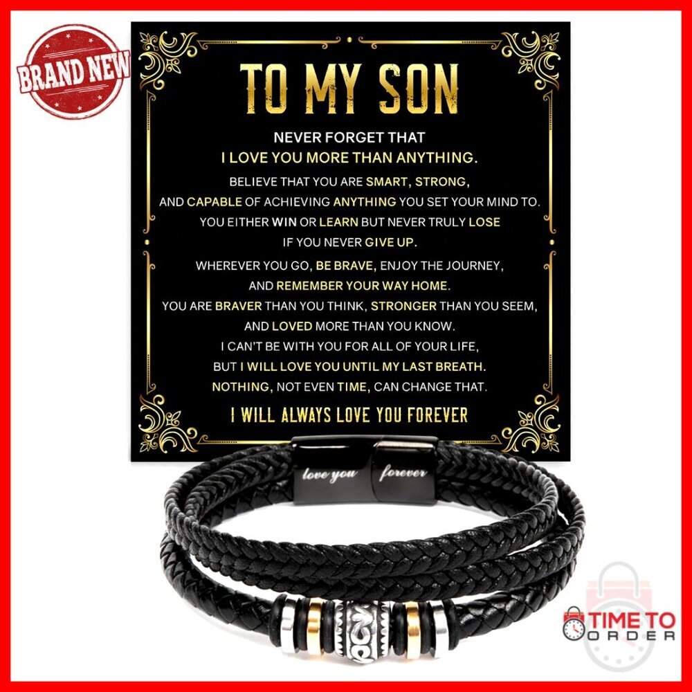 Men's Braided Leather Cuff Bracelet with Stainless Steel Beads, Gift Box